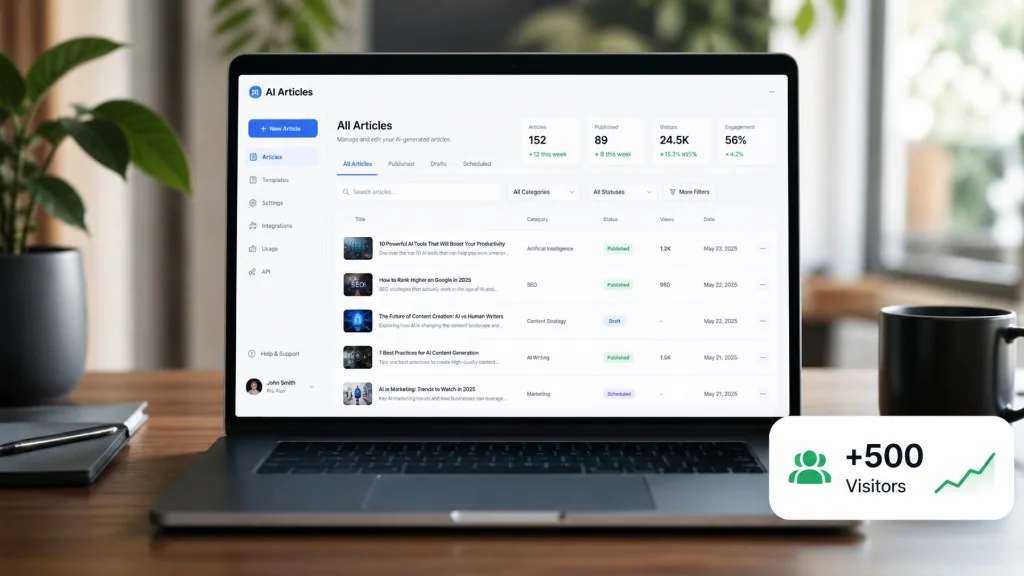 AI Article Full Generation — laptop preview with +500 Visitors growth