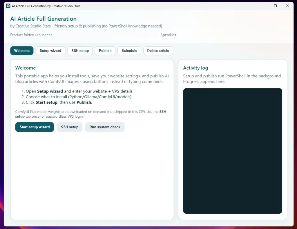 Welcome screen — AI Article Full Generation