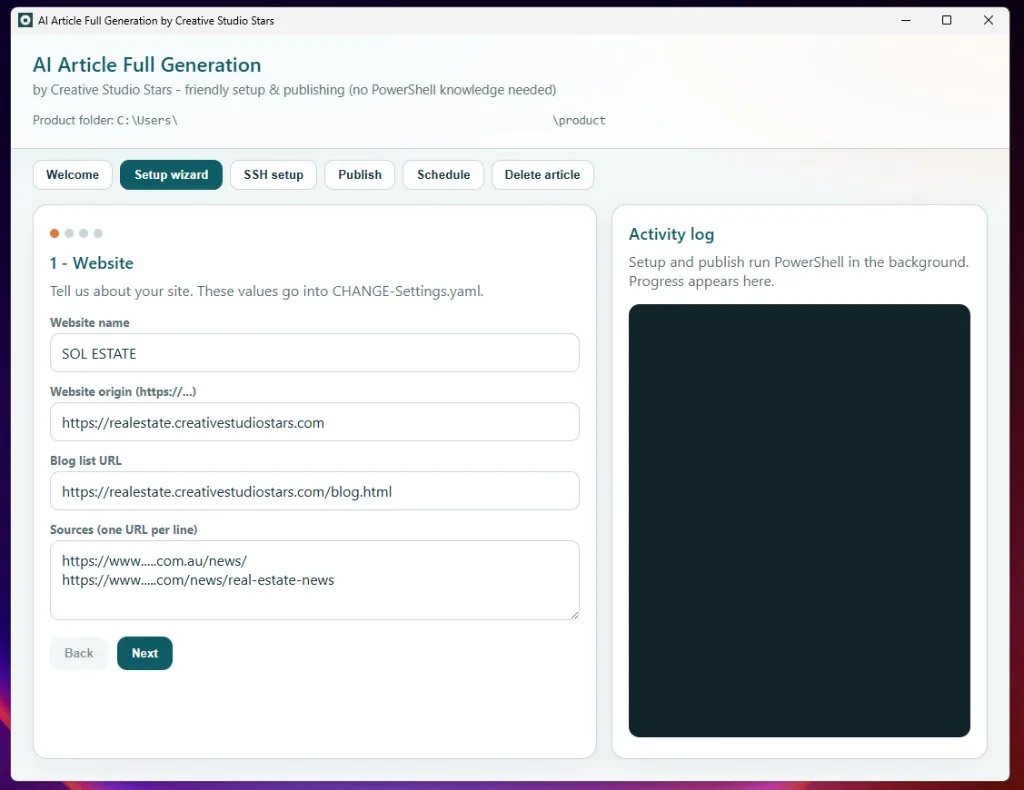 Setup wizard website settings