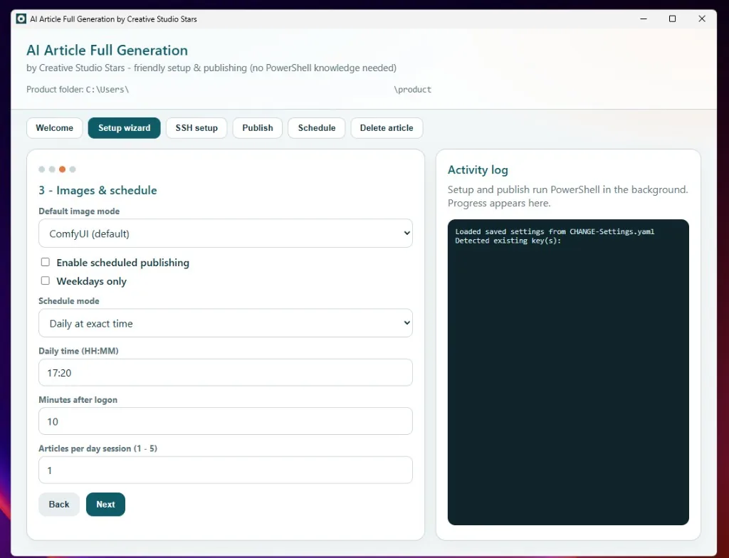 Setup wizard images and schedule