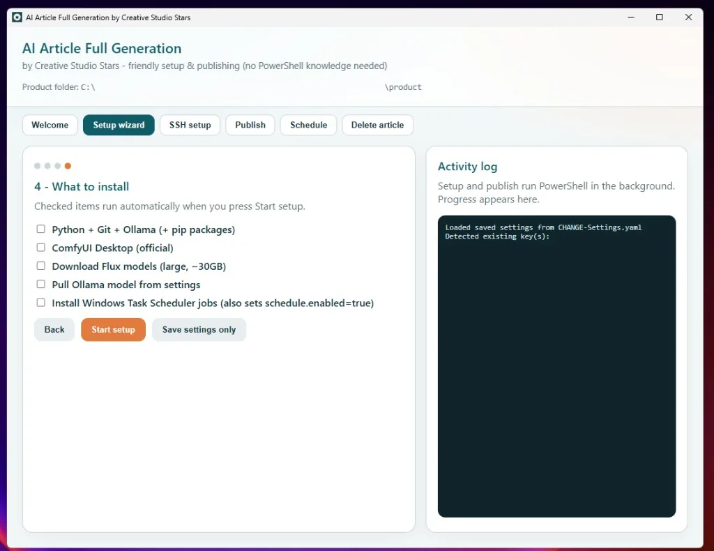 Setup wizard install options