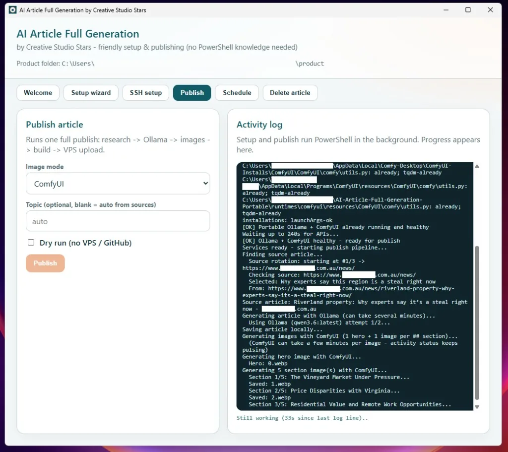 Publish tab generating article and images